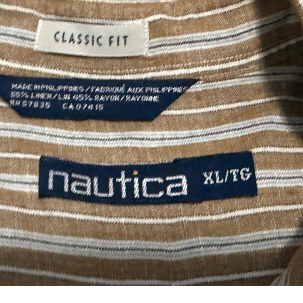 Nautica Mens XL‎ Brown White Striped Linen Blend Short Sleeve Button Down Shirt - Picture 7 of 8